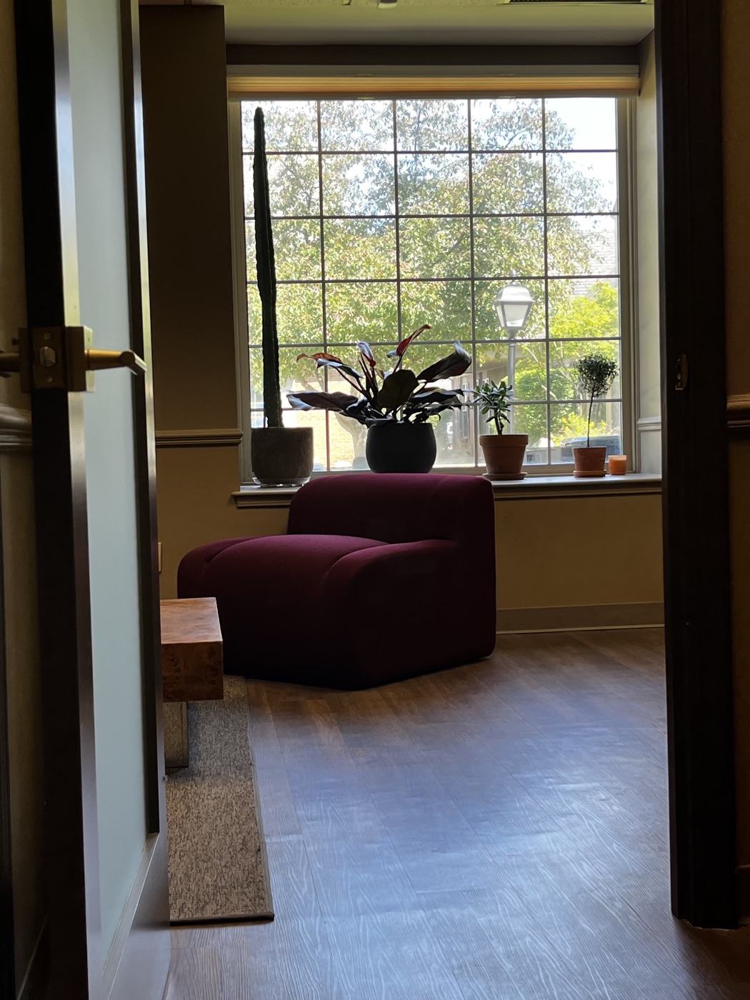 Reading bench beside a leaded-glass window with plants